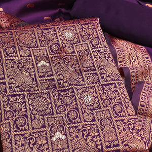Dark Purple Banarasi Silk Dress Material With Heavy Zari Weaving