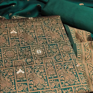 Green Banarasi Silk Dress Material With Heavy Zari Weaving