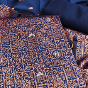 Navy Blue Banarasi Silk Dress Material with Heavy Zari Weaving