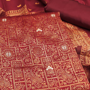 Red Banarasi Silk Dress Material With Heavy Zari Weaving
