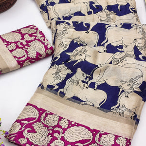 Blue & Pink Cotton Blend Saree Featuring Artistic Animal And Floral Print Fusion