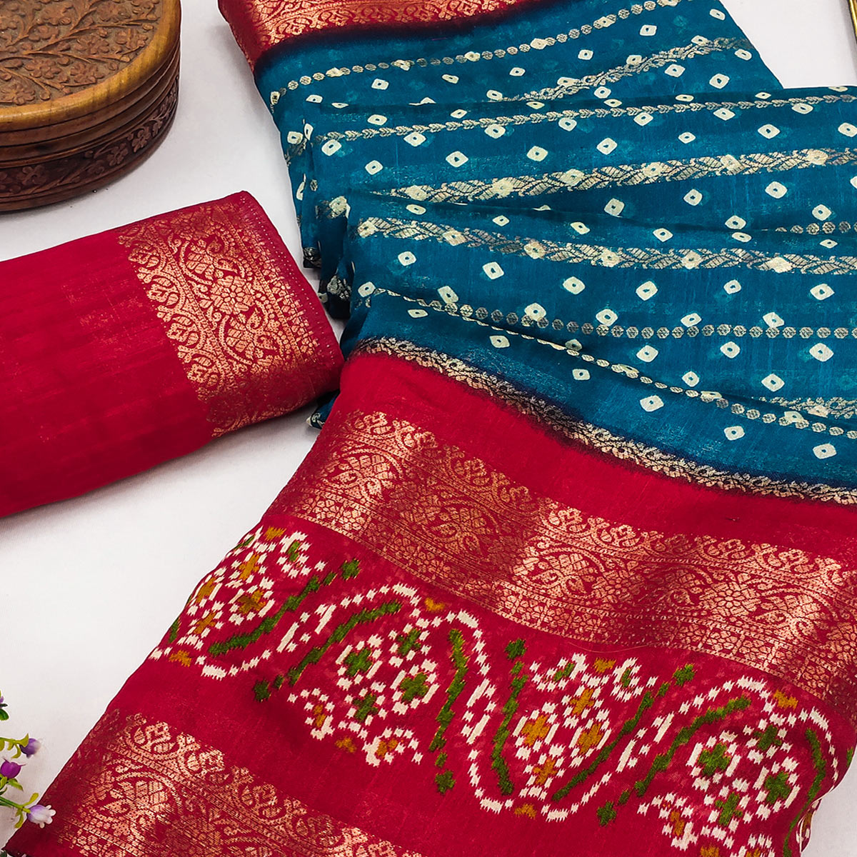 Blue Dola Silk Saree With Traditional Bandhani Motifs & Intricate Zari Weaving Elegance