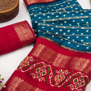 Blue Dola Silk Saree With Traditional Bandhani Motifs & Intricate Zari Weaving Elegance