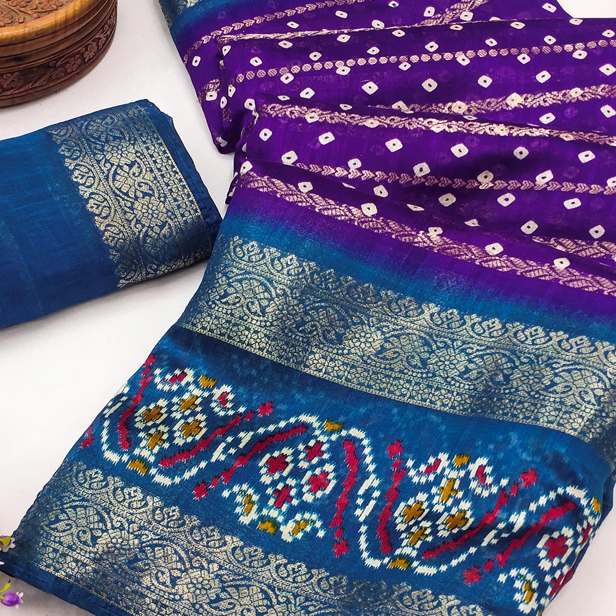 Purple Dola Silk Saree With Traditional Bandhani Motifs & Intricate Zari Weaving Elegance