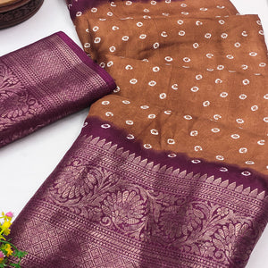 Rust Bandhani Design Dola Silk Saree with Classic Zari Detailing