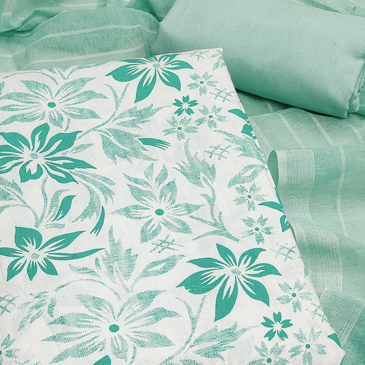 Pure Cotton Green Dress Material with Delicate Floral Prints