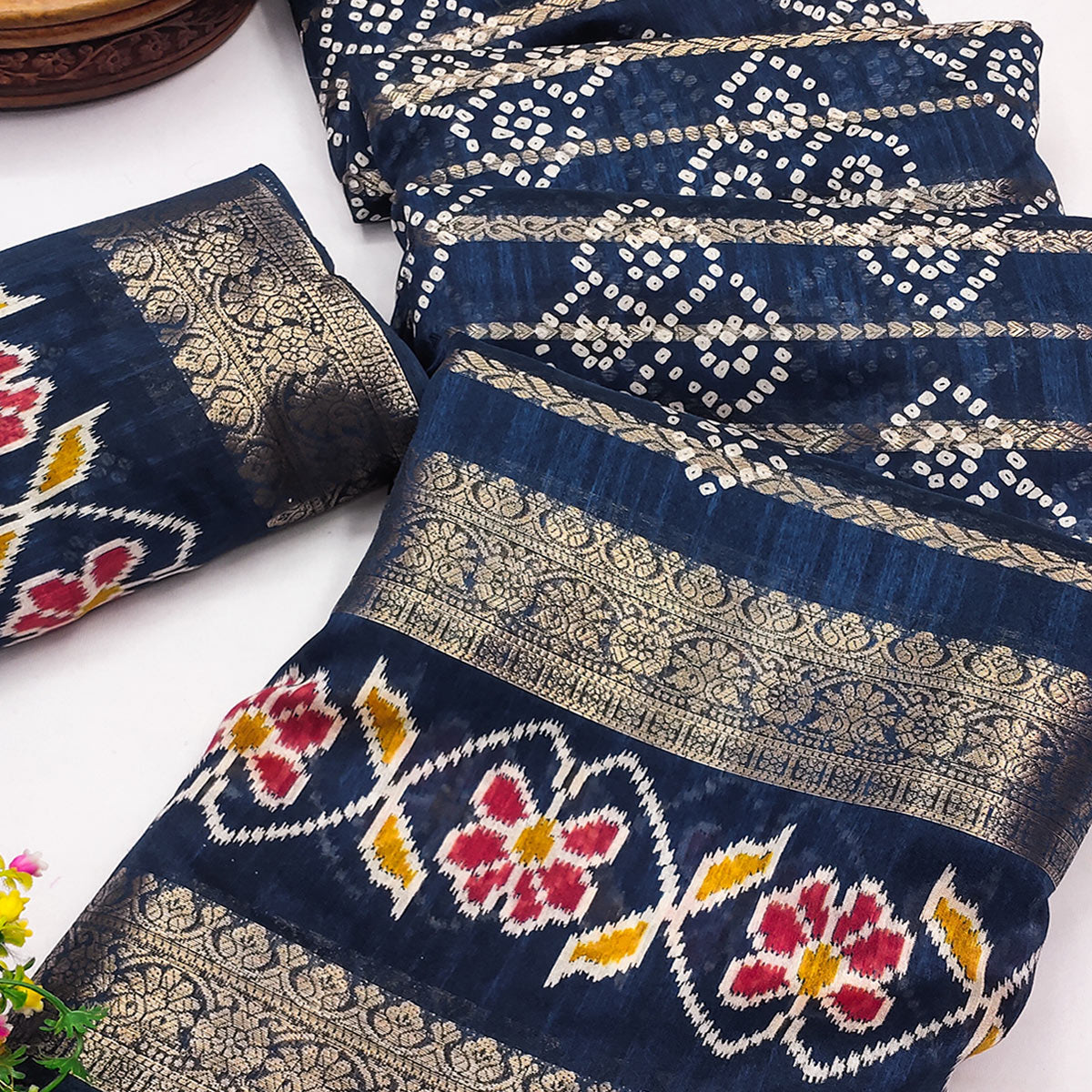 Festive Blue Bandhani Print Saree with Rich Zari Detailing