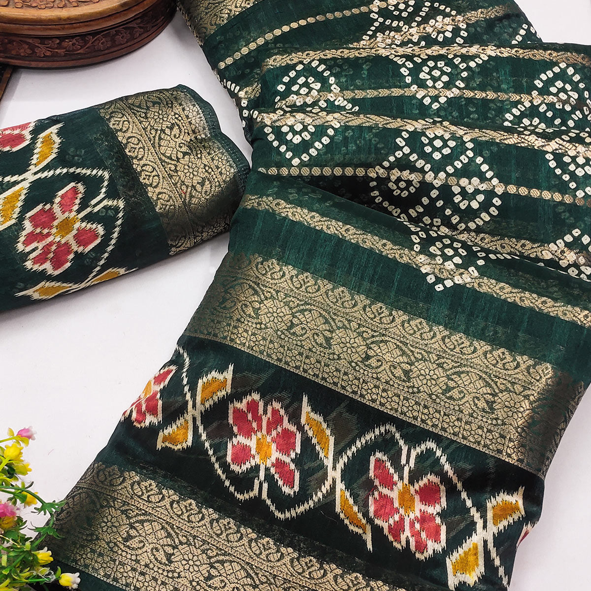 Festive Green Bandhani Print Saree with Rich Zari Detailing
