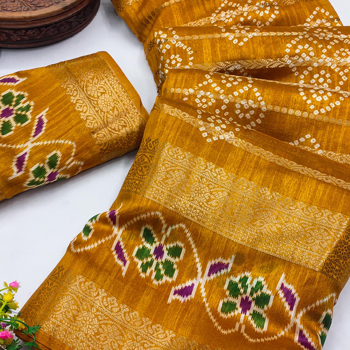 Festive Mustard Bandhani Print Saree with Rich Zari Detailing