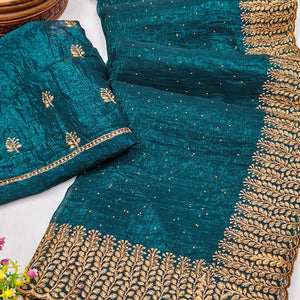 Dark Teal Chiffon Saree with Shimmering Stone Detailing