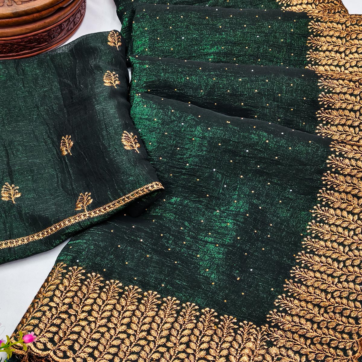 Mehendi Green Chiffon Saree with Shimmering Stone Detailing