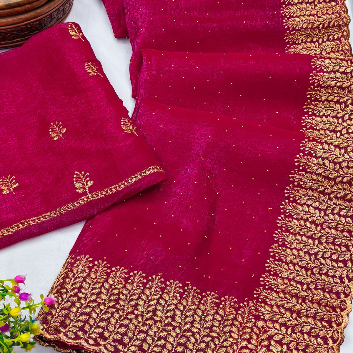 Pink Chiffon Saree with Shimmering Stone Detailing