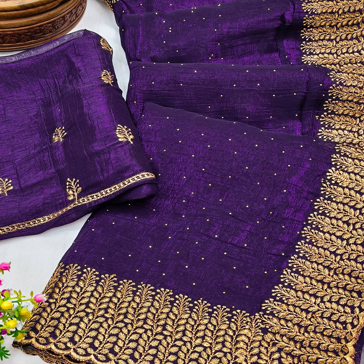 Violet Chiffon Saree with Shimmering Stone Detailing