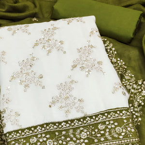 Green and Off White Vichitra Silk Fabric with Embroidered Detailing