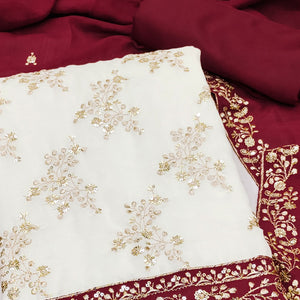 Maroon and Off White Vichitra Silk Fabric with Embroidered Detailing