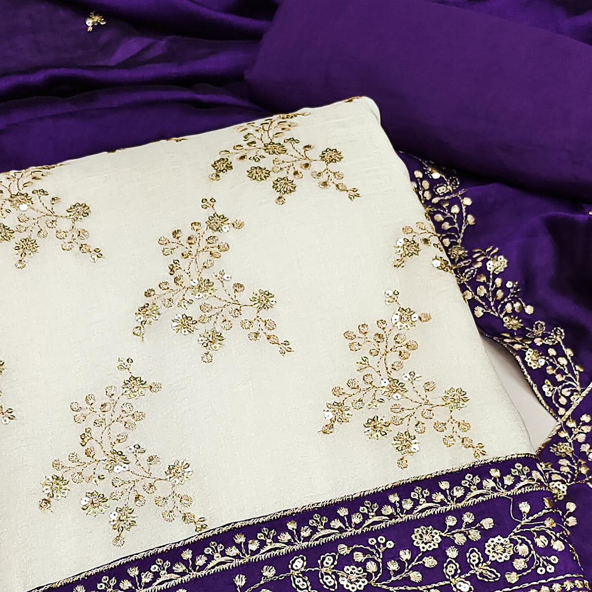 Violet and Off White Vichitra Silk Fabric with Embroidered Detailing