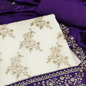 Violet and Off White Vichitra Silk Fabric with Embroidered Detailing