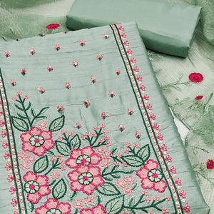 Green Cotton Blend Dress Material Featuring Delicate Floral Embroidery & Sequins Work