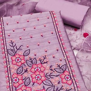 Lavender Cotton Blend Dress Material Featuring Delicate Floral Embroidery & Sequins Work