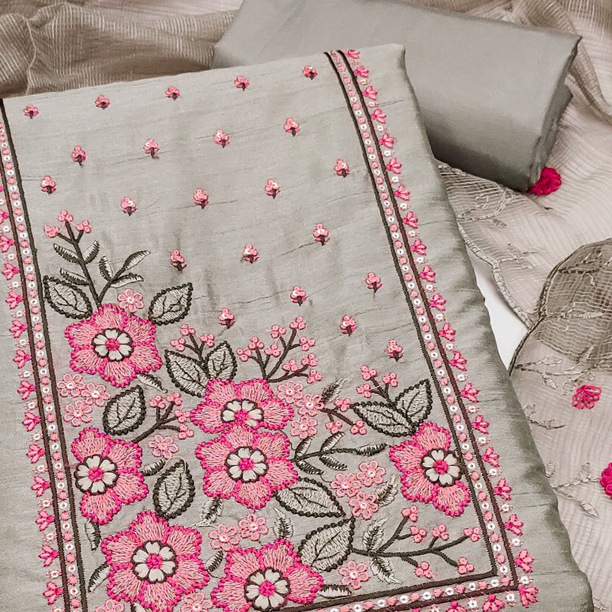 Taupe Cotton Blend Dress Material Featuring Delicate Floral Embroidery & Sequins Work