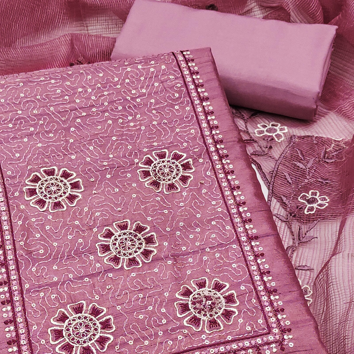 Pink Elegance In Cotton Blend Dress Material With Floral Thread & Sequin Work