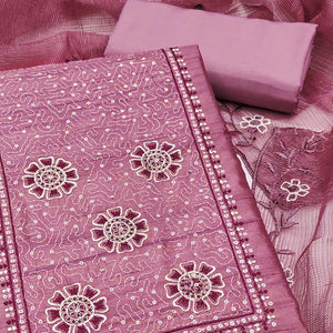 Pink Elegance In Cotton Blend Dress Material With Floral Thread & Sequin Work