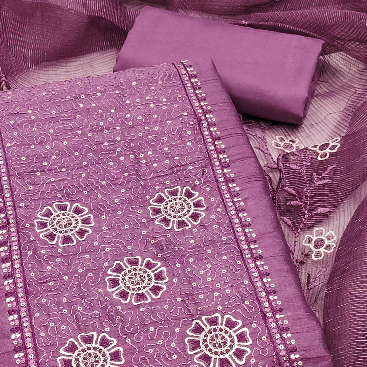 Plum Purple Elegance In Cotton Blend Dress Material With Floral Thread & Sequin Work