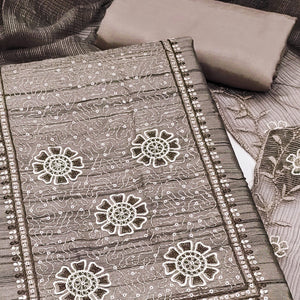 Taupe Elegance In Cotton Blend Dress Material With Floral Thread & Sequin Work