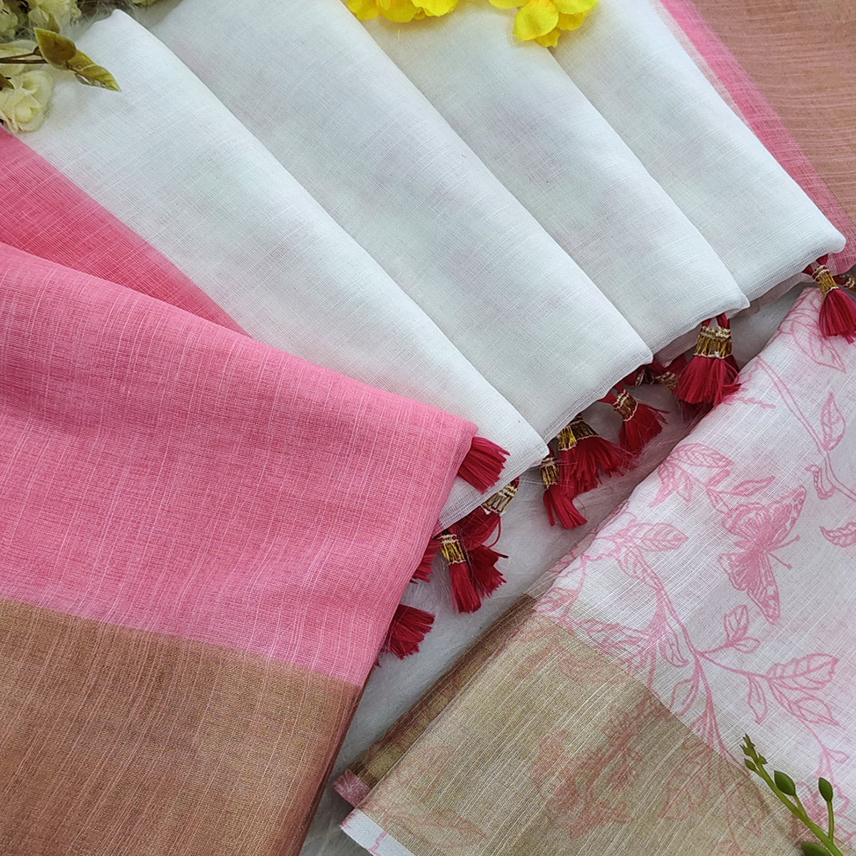 Soft Linen Saree in White and Pink with Woven Touch