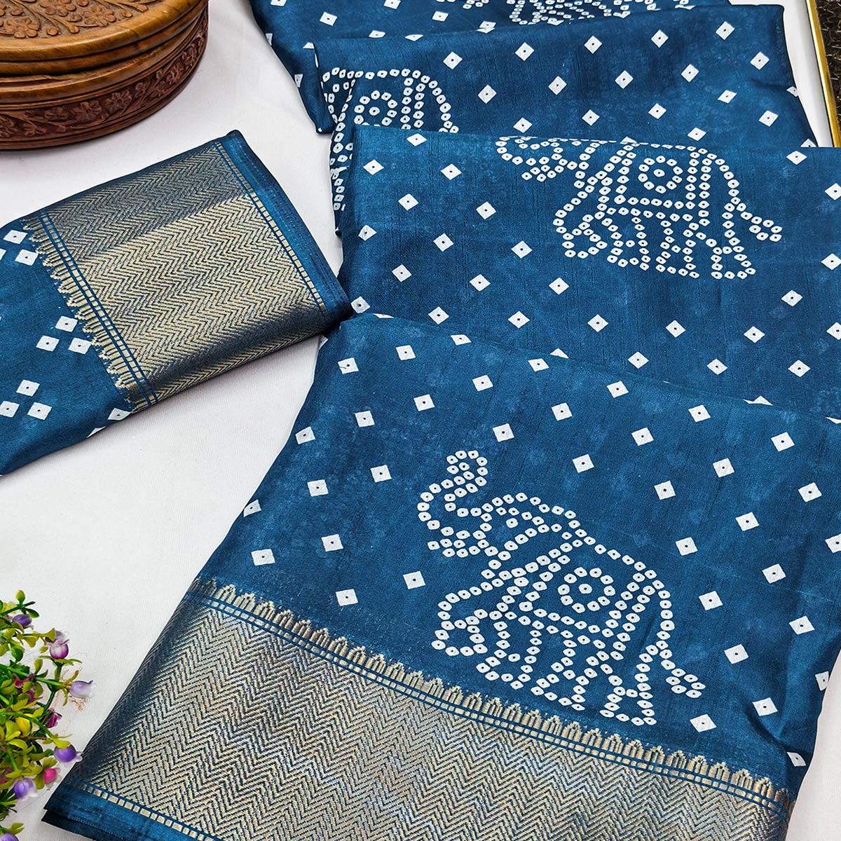 Blue Dola Silk Saree Featuring Traditional Bandhani Print & Elegant Weaving Border