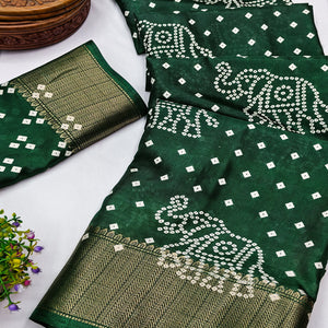 Green Dola Silk Saree Featuring Traditional Bandhani Print & Elegant Weaving Border