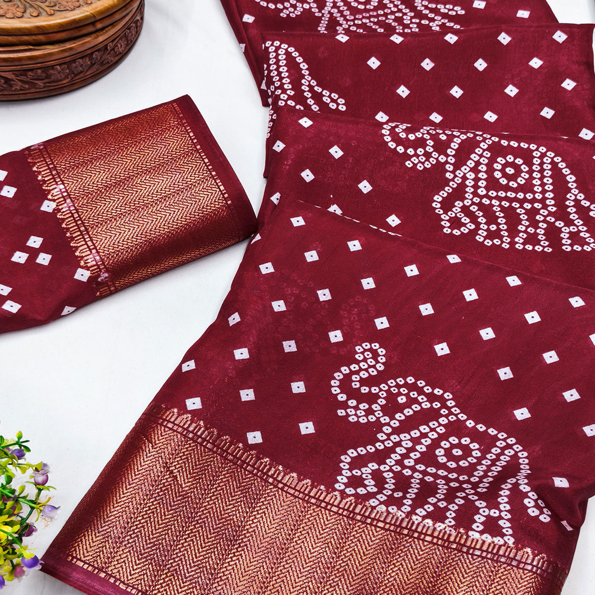 Maroon Dola Silk Saree Featuring Traditional Bandhani Print & Elegant Weaving Border