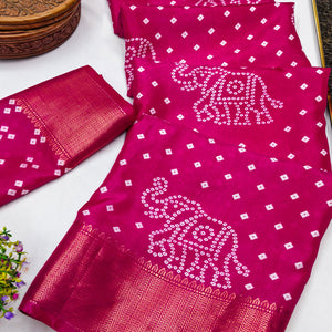Pink Dola Silk Saree Featuring Traditional Bandhani Print & Elegant Weaving Border