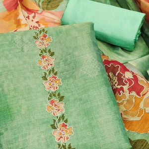 Green Silk Blend Dress Material With Floral Print Accents & Delicate Thread Embroidery