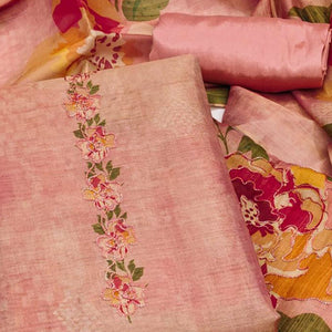 Pink Silk Blend Dress Material With Floral Print Accents & Delicate Thread Embroidery