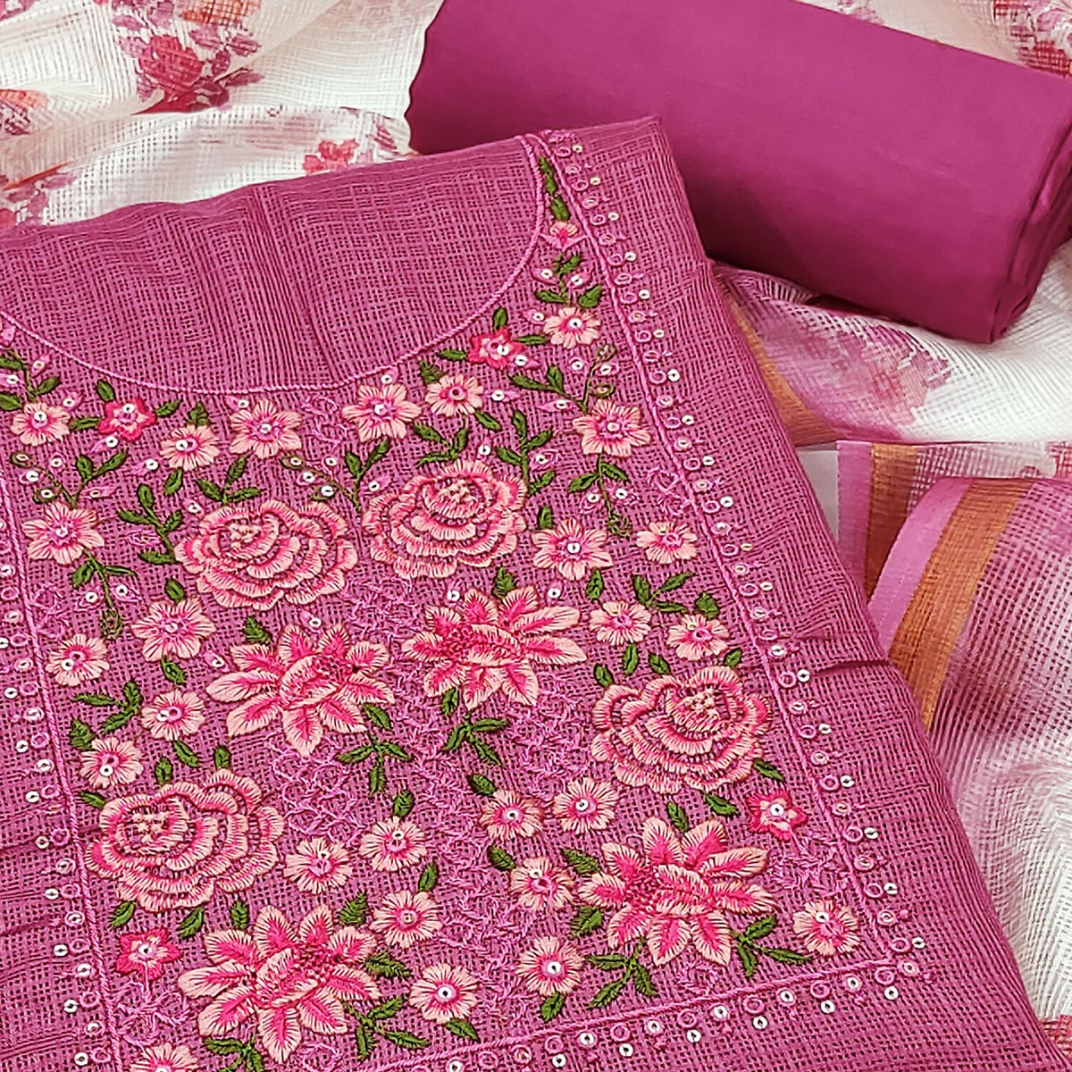 Magenta  Kota Doria Dress Material Featuring Elegant Floral Design With Sparkling Sequins Embroidery