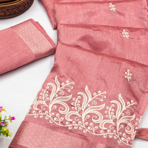 Peach Art Silk Saree Adorned With Delicate Floral Embroidery & Stylish Tassel Pallu