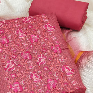 Pink Kota Doria Dress Material With Intricate Floral Motifs & Sparkling Sequins Embroidery