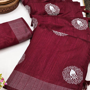 Maroon Embroidered Art Silk Saree Adorned with Classic Zari Weaving Details