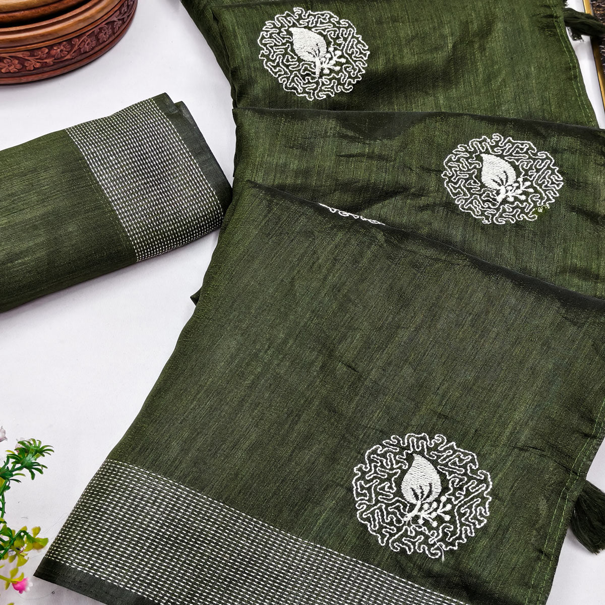 Mehendi Green Embroidered Art Silk Saree Adorned with Classic Zari Weaving Details