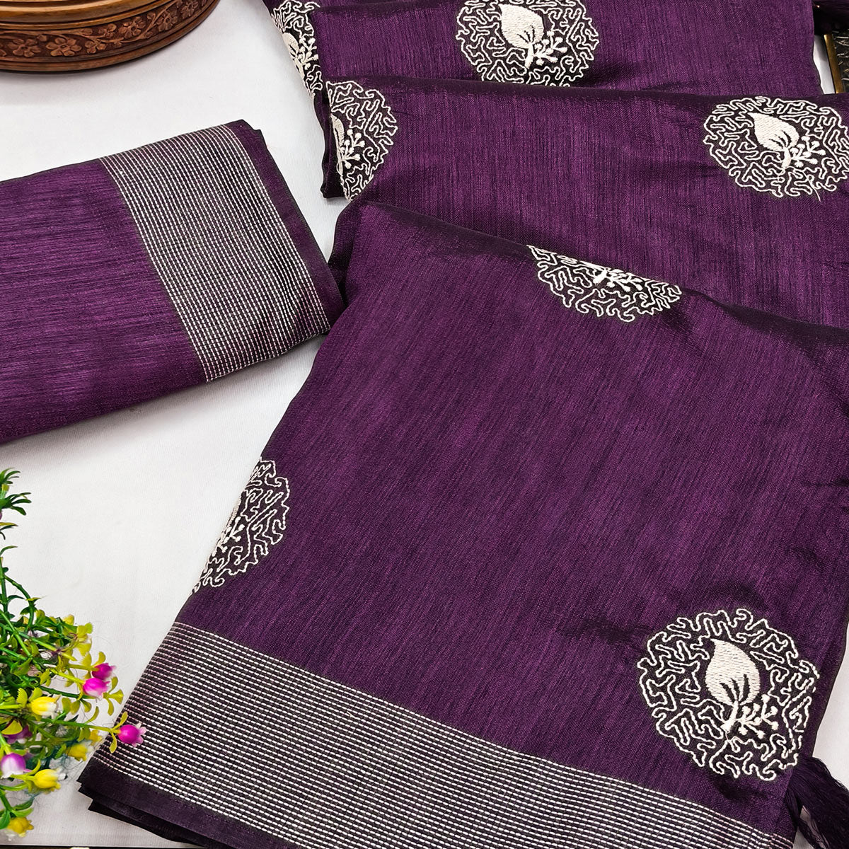 Purple Embroidered Art Silk Saree Adorned with Classic Zari Weaving Details