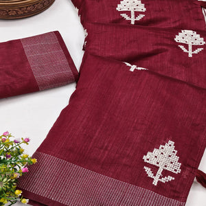 Maroon Embroidered Art Silk Saree Adorned with Classic Zari Weaving Details