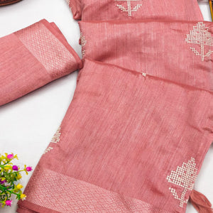 Peach Embroidered Art Silk Saree Adorned With Classic Zari Weaving Details