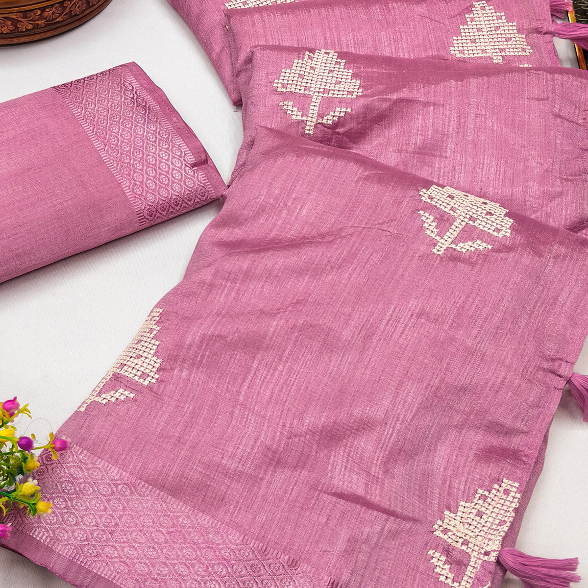 Pink Embroidered Art Silk Saree Adorned with Classic Zari Weaving Details