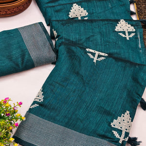 Teal Embroidered Art Silk Saree Adorned With Classic Zari Weaving Details