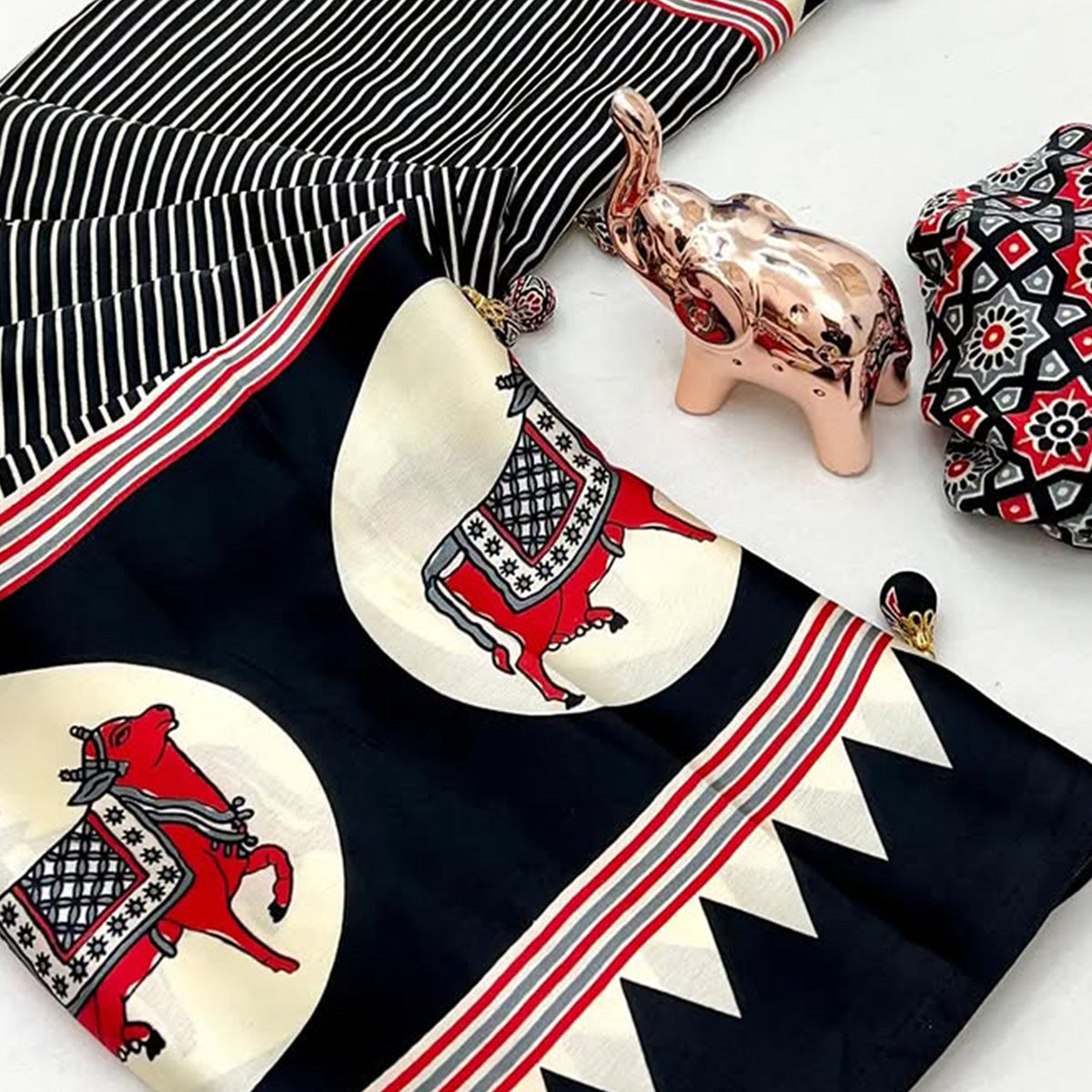 Classic Black Striped Print Saree in Luxurious Crepe Silk Fabric