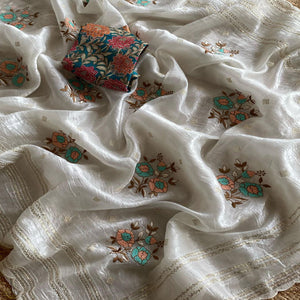 Off White Floral Embroidered Organza Saree for Special Occasions