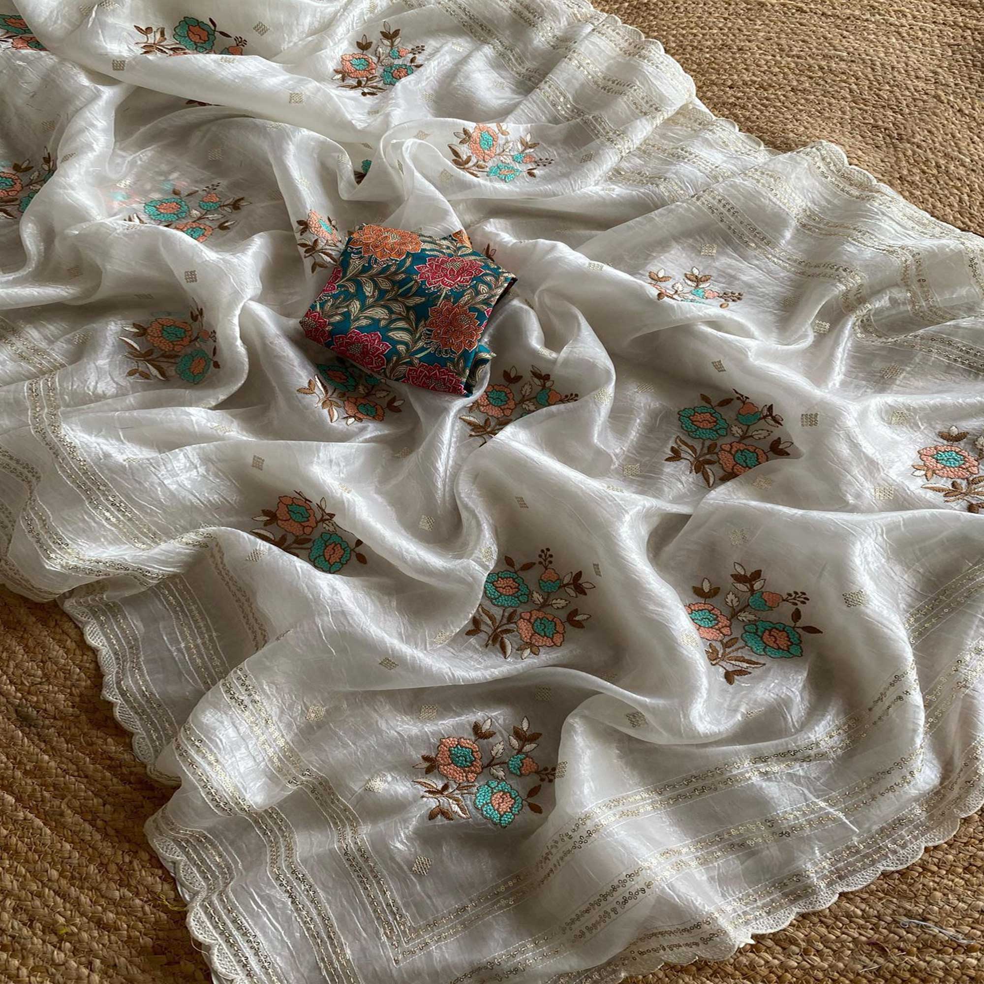 Off White Floral Embroidered Organza Saree for Special Occasions