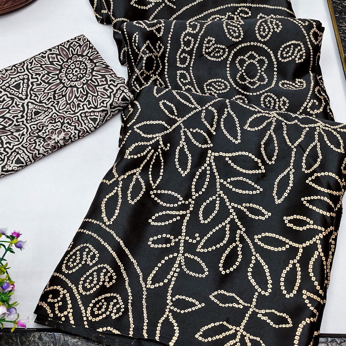 Black Moss Satin Silk Saree Featuring Bandhani Print & Ajrakh Pallu Work