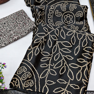 Black Moss Satin Silk Saree Featuring Bandhani Print & Ajrakh Pallu Work